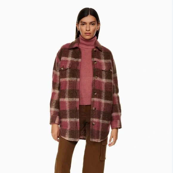 Aritzia Wilfred Free The Ganna Jacket Wool Blend Size XS Brown Pink Cream Plaid - Picture 1 of 8